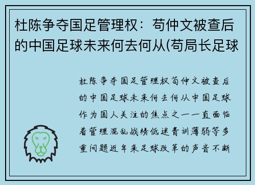 杜陈争夺国足管理权：苟仲文被查后的中国足球未来何去何从(苟局长足球)