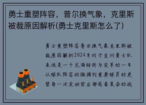 勇士重塑阵容，普尔换气象，克里斯被裁原因解析(勇士克里斯怎么了)