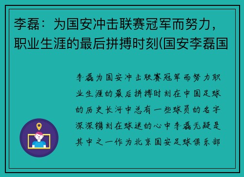 李磊：为国安冲击联赛冠军而努力，职业生涯的最后拼搏时刻(国安李磊国航)