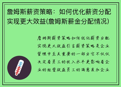 詹姆斯薪资策略：如何优化薪资分配实现更大效益(詹姆斯薪金分配情况)