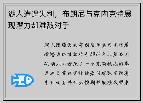 湖人遭遇失利，布朗尼与克内克特展现潜力却难敌对手