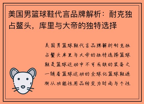 美国男篮球鞋代言品牌解析：耐克独占鳌头，库里与大帝的独特选择