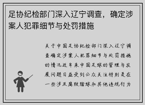 足协纪检部门深入辽宁调查，确定涉案人犯罪细节与处罚措施