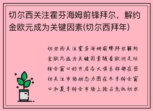 切尔西关注霍芬海姆前锋拜尔，解约金欧元成为关键因素(切尔西拜年)