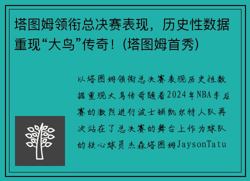 塔图姆领衔总决赛表现，历史性数据重现“大鸟”传奇！(塔图姆首秀)